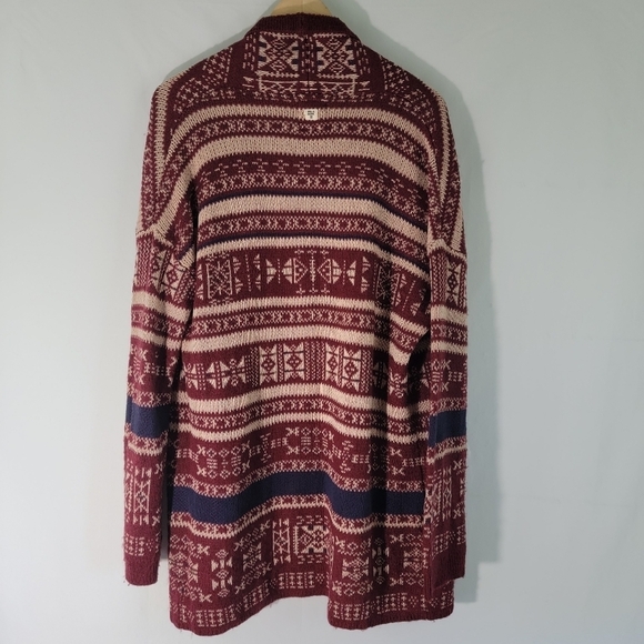 Billabong Women Red Aztec Open Cardigan Sz L Academia Fall Pocket Cabincore Cozy - Picture 3 of 12